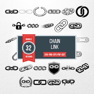 Puede incluir: Un conjunto de 32 diseños de eslabones de cadena en blanco y negro, que incluyen un candado, un escudo y una cadena rota. El texto "CHAIN LINK" y "32 DESIGNS" aparece en una pancarta.