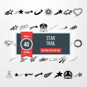 May include: A selection of 40 star designs in black and white, including shooting stars and star trails. The image features the text "STAR TRAIL" and "40 DESIGNS" on a banner. Ideal for digital art projects.