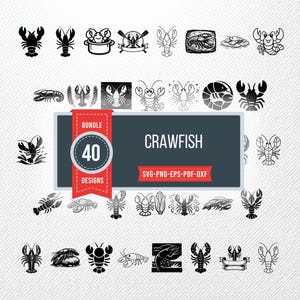 Può includere: Un pacchetto di 40 disegni di gamberi in bianco e nero. I disegni includono varie illustrazioni di gamberi, alcune con banner e altri elementi. È incluso anche il testo "CRAWFISH" e "40 DESIGNS".