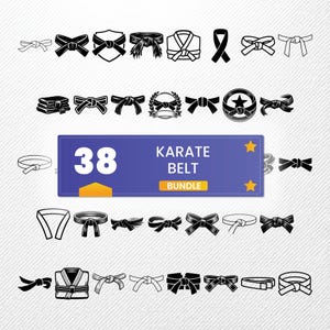 Puede incluir: Una colección digital de 38 ilustraciones de cinturones de karate en blanco y negro, con varios estilos de nudos, cinturones doblados y uniformes de artes marciales. Un gráfico azul central muestra el texto 38 KARATE BELT BUNDLE.