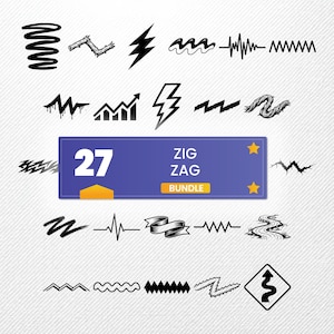 May include: A collection of 27 black and white zig-zag graphic elements. Includes lightning bolts, wavy lines, and a banner with the text "ZIG ZAG BUNDLE". The design elements are arranged on a light gray background.