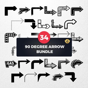 90 Degree Arrow SVG Bundle, 34 Right Angle Silhouette Designs, Corner Turn Clipart for Cricut, L Shape Arrow PNG, Bent Pointer Vector