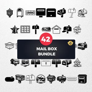 May include: A collection of 42 mailbox illustrations in black and white. The designs include various styles, from traditional to modern, with a banner that reads "MAIL BOX BUNDLE" and a red circle with the number "42".