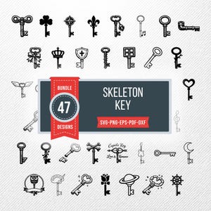 Può includere: Una collezione di 47 design di chiavi a scheletro in bianco e nero. Le chiavi presentano varie forme, tra cui cuori, croci e gigli. L'immagine include il testo "SKELETON KEY" e "47 DESIGNS".