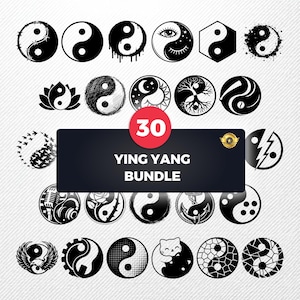 May include: A collection of 30 Yin Yang designs in black and white. The designs include various styles, such as a lotus flower, a tree, and a cat. The text "Ying Yang Bundle" is displayed on a black rectangle.