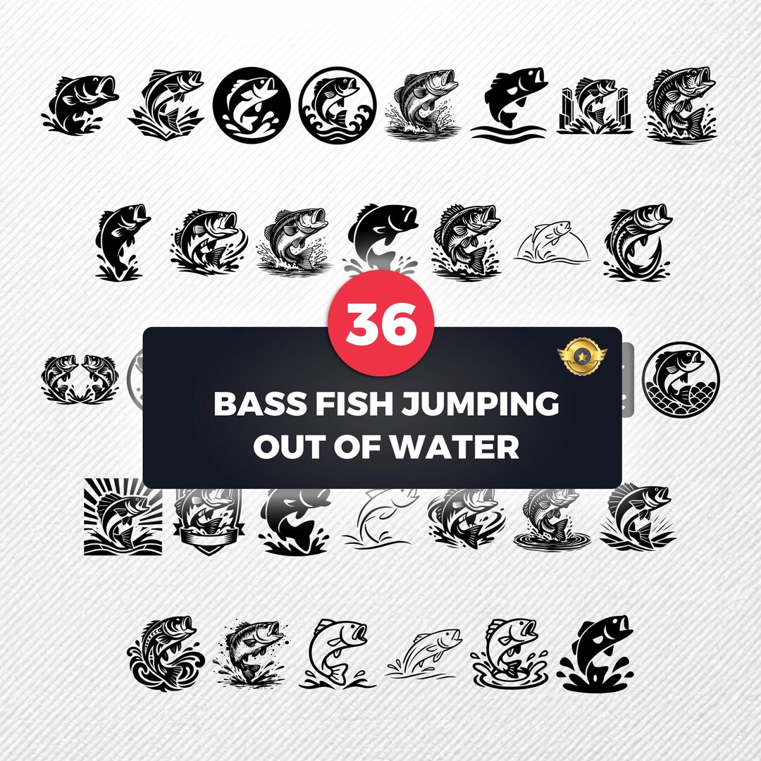 Bass Fish Jumping Out of Water SVG Bundle | 36 Clipart Designs | PNG ...