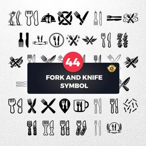 May include: A collection of 44 black and white fork and knife symbols. The symbols are in various designs, including crossed utensils, single forks and knives, and utensils within circles and other shapes. The text "FORK AND KNIFE SYMBOL" is displayed.