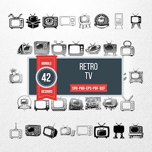 Könnte beinhalten: Eine Sammlung von 42 Retro-TV-Designs in Schwarz und Weiß. Die Designs zeigen verschiedene Stile von Vintage-Fernsehern, mit Antennen und unterschiedlichen Standfuß-Designs. Der Text "RETRO TV" und "BUNDLE 42 DESIGNS" ist ebenfalls enthalten.