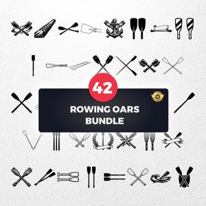 Könnte beinhalten: Eine Sammlung von 42 schwarz-weißen Illustrationen von Ruderriemen. Die Designs umfassen gekreuzte Ruder, einzelne Ruder und Ruder mit dekorativen Elementen wie Ankern, Bändern und Lorbeerkränzen. Der Text "ROWING OARS BUNDLE" wird angezeigt.