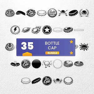 Bottle Cap SVG Bundle, 35 Soda Crown Silhouette Designs, Clipart for Cricut, Beverage Lid PNG, Cola Cap Vector, pop cap svg