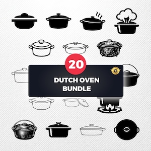 May include: A collection of 20 Dutch oven illustrations in various styles, including solid black and outlined designs. The image features a central banner with the text "DUTCH OVEN BUNDLE" and a red circle with the number "20".