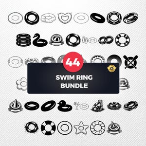 May include: A collection of 44 swim ring illustrations in black and white. The image includes various designs such as classic round rings, heart-shaped rings, and rings with rope detailing. The text "SWIM RING BUNDLE" is displayed on a black rectangle.