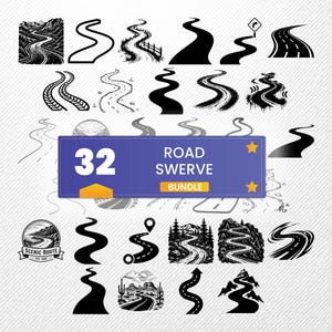 May include: A digital collection of 32 black and white graphic illustrations featuring various winding road designs, including silhouettes, detailed landscapes, and path markers, centered around a blue rectangular label reading 32 ROAD SWERVE BUNDLE.
