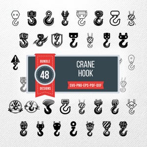 Paquete de archivos SVG de ganchos de grúa, 48 diseños de siluetas de polipastos, imágenes prediseñadas de aparejos de elevación para Cricut, PNG de cables de cabrestante, vector de aparejos