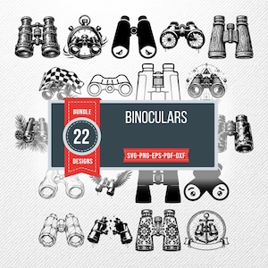 Kikare SVG-paket, 22 fältkikare silhuettdesigner, fågelskådningsclipart för Cricut, utforskande PNG, optikvektor, resesvg