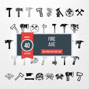 May include: A collection of 40 fire axe designs in black and white. The designs include various axe styles, a firefighter's helmet, and a fire hydrant. The text "FIRE AXE" and "40 DESIGNS" are also included.