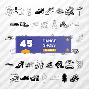 Könnte beinhalten: Schwarz-weiße Illustration von 45 verschiedenen Tanzschuhen. Das Bild zeigt Ballettschuhe, Steppschuhe und Rollschuhe. Der Text lautet "45 DANCE SHOES BUNDLE".