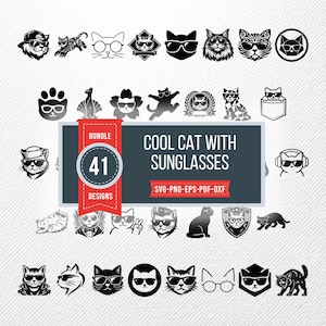 Puede incluir: Un conjunto de 41 diseños de gatos en blanco y negro, cada uno con gafas de sol, en varias poses y estilos. La imagen incluye el texto "COOL CAT WITH SUNGLASSES" e información del tipo de archivo.
