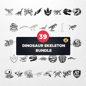 May include: A collection of 39 black and white dinosaur skeleton illustrations. The designs include various dinosaur skeletons, footprints, and dinosaur heads. The text "DINOSAUR SKELETON BUNDLE" is displayed on a black rectangle.