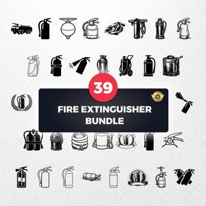 Puede incluir: Un conjunto de 39 iconos de extintores en blanco y negro. La imagen presenta diferentes diseños de extintores, un camión de bomberos y una pancarta con el texto "FIRE EXTINGUISHER BUNDLE".