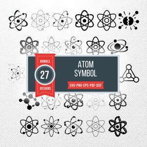 May include: A selection of 27 atom symbol designs in black and white. The designs range from simple outlines to more detailed illustrations. The image includes the text "ATOM SYMBOL" and file type information.