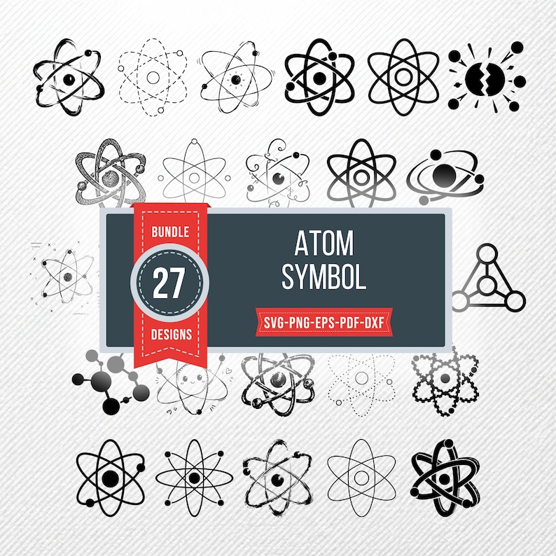 May include: A selection of 27 atom symbol designs in black and white. The designs range from simple outlines to more detailed illustrations. The image includes the text "ATOM SYMBOL" and file type information.