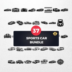 May include: A digital collection of 37 black and white sports car illustrations arranged in rows. The central dark rectangular graphic features the white text 37 SPORTS CAR BUNDLE with a red circle and a gold emblem on a textured white background.