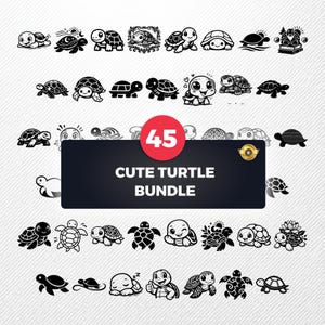 Peut inclure: Une collection numérique de 45 illustrations de tortues en noir et blanc présentant diverses poses et styles. Le graphique central affiche le texte 45 CUTE TURTLE BUNDLE sur un fond rectangulaire sombre, entouré de nombreuses icônes de tortues.