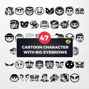 Puede incluir: Una colección de 47 diseños de personajes de dibujos animados con cejas grandes, en blanco y negro. Los diseños incluyen varias expresiones faciales, personajes de animales y figuras de estilo superhéroe. El texto "CARTOON CHARACTER WITH BIG EYEBROWS" se muestra.