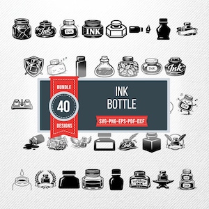 May include: A collection of 40 ink bottle designs in black and white. The designs include various shapes and styles of ink bottles, with some featuring the word "Ink". The image also includes the text "Ink Bottle" and "Bundle 40 Designs".