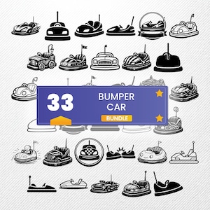 May include: A set of 33 bumper car illustrations in black and white. The designs vary, including classic and modern styles, some with flags. A blue banner displays the text "33 Bumper Car Bundle", offering a variety of designs.