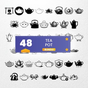 Op de afbeelding: Een verzameling van 48 theepot illustraties in verschillende stijlen, van eenvoudige lijntekeningen tot gedetailleerde schetsen. De afbeelding bevat een blauwe banner met de tekst "TEA POT BUNDLE" en het nummer "48".