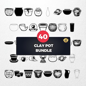 Puede incluir: Una colección de 40 diseños de macetas de arcilla en blanco y negro. La imagen incluye varios estilos de macetas, desde simples hasta ornamentadas, con texto como "Handcrafted Stoneware" y "Farmhouse Pottery". Una pancarta central dice "CLAY POT BUNDLE".