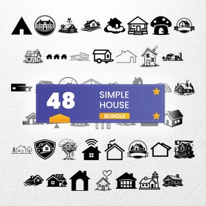 May include: A collection of 48 simple house illustrations in black and white. The image includes various house designs, from simple outlines to detailed drawings of homes, barns, and cabins. A blue banner reads "48 SIMPLE HOUSE BUNDLE".