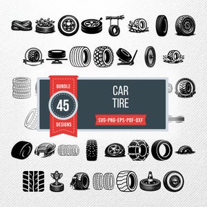 May include: A collection of 45 car tire designs in black and white. The designs include various tire styles, tire stacks, and tire-related illustrations. The text "CAR TIRE" and "BUNDLE 45 DESIGNS" are also included.