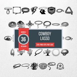 May include: A set of 36 black and white cowboy lasso designs, including rope circles, a cowboy silhouette, and a shield. The text "COWBOY LASSO" is displayed with "36 Designs" in a red banner. The image is suitable for digital use.