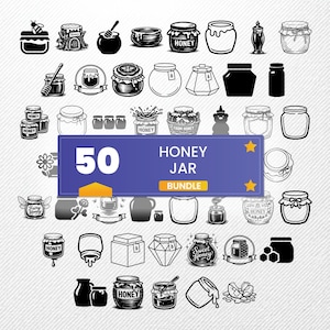 Honey Jar SVG Bundle, 50 Honey Pot Silhouette Designs, Beehive Clipart for Cricut, Dripping Honey PNG, Sweet Nectar Vector