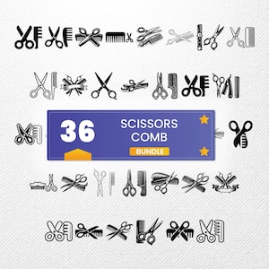 Scissors Comb SVG Bundle, 36 Hair Stylist Silhouette Designs, Barber Shop Clipart For Cricut, Salon Tools PNG, Haircut Vector