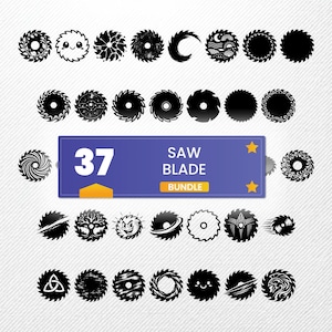 May include: A collection of 37 black circular saw blade designs featuring various patterns, including floral, celestial, and cartoon motifs. A central blue rectangular banner displays the white text 37 SAW BLADE BUNDLE with two yellow stars.