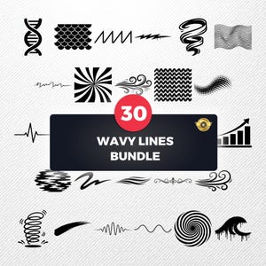 Könnte beinhalten: Eine Sammlung von 30 schwarz-weißen Designs mit wellenförmigen Linien. Die Designs umfassen eine DNA-Strähne, Schuppen, Zickzacklinien, Tornados und andere abstrakte Formen. Die Worte "Wavy Lines Bundle" sind auf einem schwarzen Rechteck mit einem roten Kreis mit der Zahl "30" zu sehen.