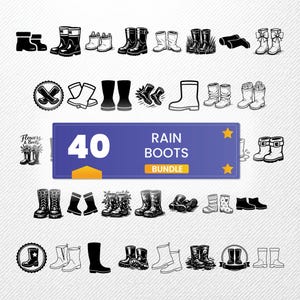 May include: A collection of 40 rain boots in various styles, presented in a black and white illustration. The image includes a blue banner with the text "40 RAIN BOOTS BUNDLE".