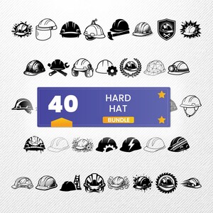 Könnte beinhalten: Eine Illustration von 40 schwarz-weißen Schutzhelm-Designs. Das Bild zeigt verschiedene Arten von Bauhelmen, mit einem blauen Banner mit der Aufschrift "40 HARD HAT BUNDLE".