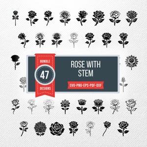 Rose With Stem SVG Bundle, 47 Stem Rose Silhouette Designs, Floral Clipart for Cricut, Elegant Bloom PNG, Single Rose Vector