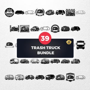 May include: A collection of 39 black and white trash truck illustrations. The image features various designs of garbage trucks, including side loaders, front loaders, and rear loaders. The text "TRASH TRUCK BUNDLE" is displayed on a black rectangle.