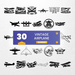Op de afbeelding: Een verzameling van 30 vintage vliegtuigillustraties in zwart en wit. De ontwerpen omvatten verschillende vliegtuigen, propellers en badges. Een blauwe banner toont de tekst "30 VINTAGE AIRPLANE BUNDLE".
