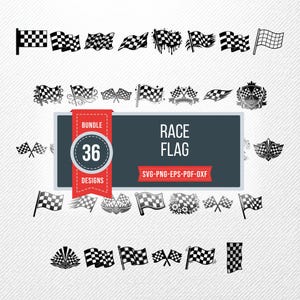 May include: A collection of 36 race flag designs in black and white. The designs include checkered flags, waving flags, and flags with decorative elements. The image also includes the text "RACE FLAG" and "36 DESIGNS".