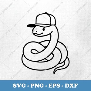 Peut inclure: Illustration en noir et blanc d'un serpent de dessin animé portant une casquette de baseball. Le serpent est enroulé, avec un visage souriant et une casquette. Le texte suivant l'image est : SVG - PNG - EPS - DXF.
