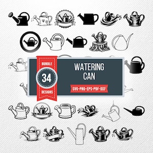 May include: A collection of 34 watering can designs in various styles, including silhouettes, line drawings, and detailed illustrations. The designs are in black and white, with a banner that reads "WATERING CAN" and "34 DESIGNS".