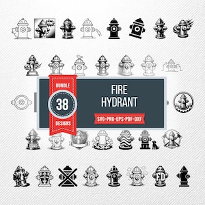 Puede incluir: Un conjunto de 38 diseños de bocas de incendio en varios estilos, desde arte lineal hasta siluetas negras sólidas. La imagen incluye el texto "FIRE HYDRANT" e información de tipo de archivo. Adecuado para uso digital.