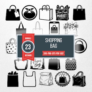 May include: A collection of 23 shopping bag designs in various styles, including tote bags, paper bags, and bags with handles. The image includes the text "SHOPPING BAG" and "Farm Fresh MARKET".